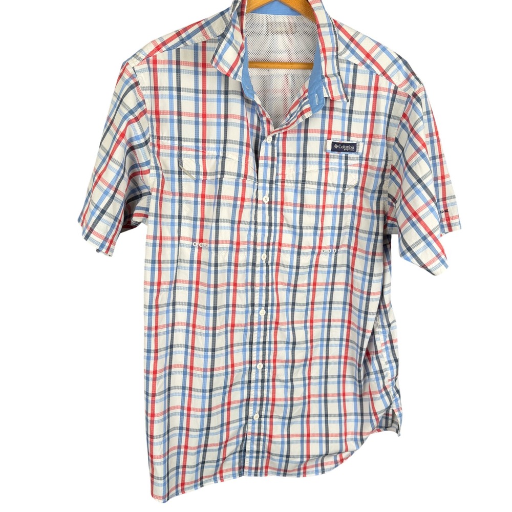 Columbia PFG Mens Short Sleeve Plaid Fishing Shirt Red White Blue Large